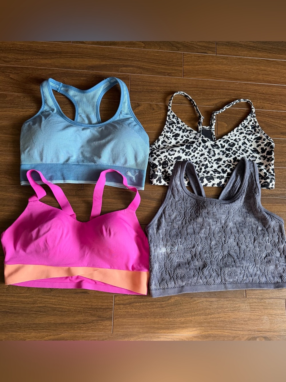 Bundle of 4 Active & Fashion Sport Bras - Blue, Pink, Gray, Animal Print size L